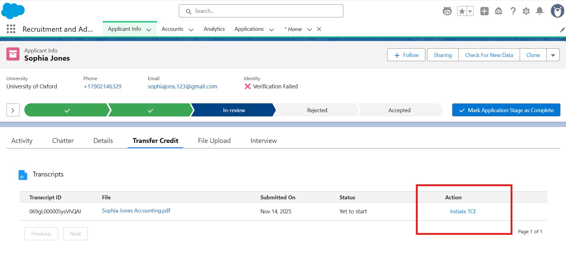 Intiate Transcript Credit Evaluation